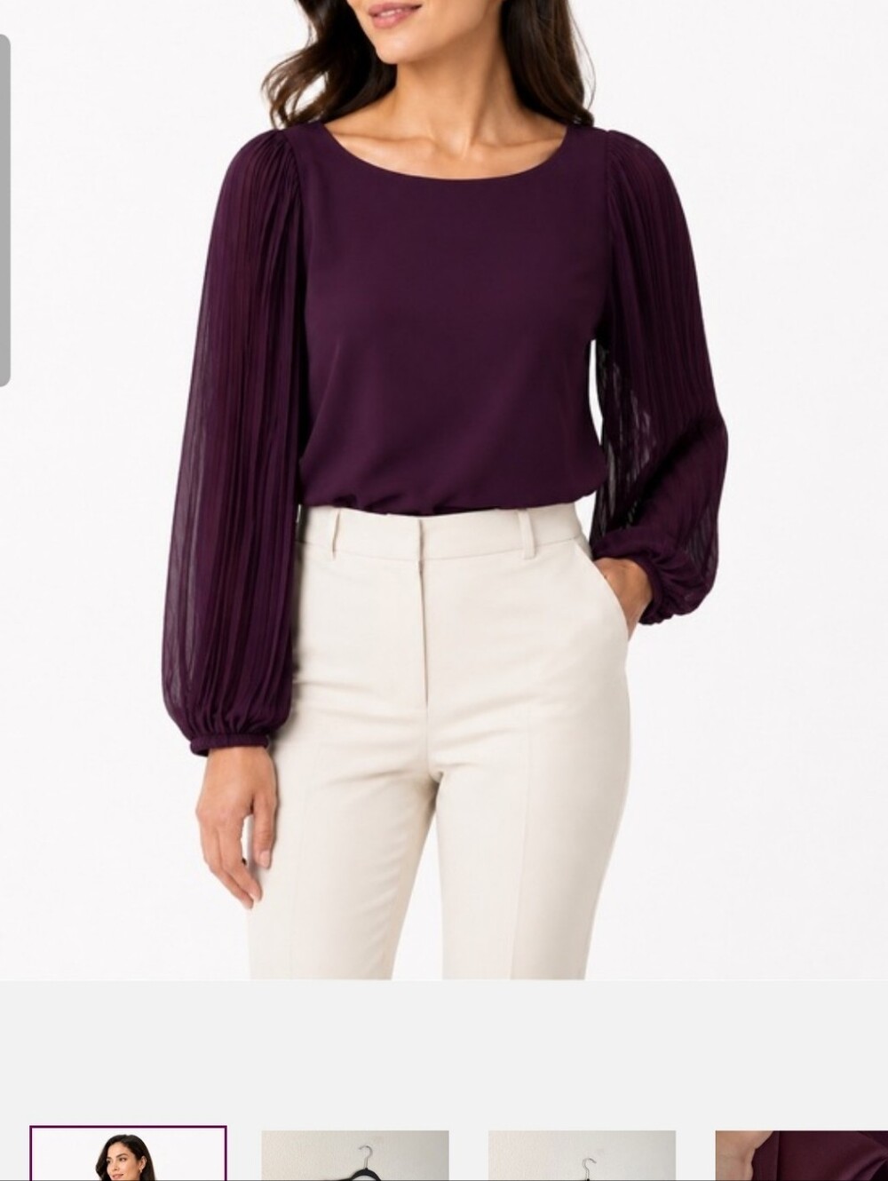 Ann Taylor Pleated Chiffon Long Sleeve Boat Neck Blouse MP Petite Deep Plum
